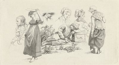Studieark med en sovende gutt og figurer Studietrykk / Etudes gravées (serietittel) av Jacob Ernst Marcus