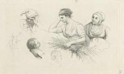 Studieark med en kvinne med en bunt med grener og figurer Studietrykk / Etudes gravées (serietittel) av Jacob Ernst Marcus