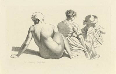 Studieark med en sittende naken og to figurer Studietrykk / Etudes gravées (serietittel) av Jacob Ernst Marcus