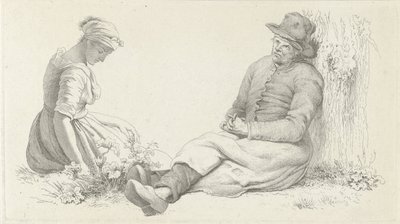 Studieark med en sittende mann og en ung kvinne Studietrykk / Etudes gravées (serietittel) av Jacob Ernst Marcus