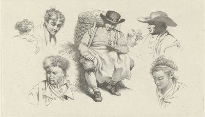 Studieark med figurer og en hvilende fiskehandler med pipe Studietrykk / Etudes gravées (serietittel) av Jacob Ernst Marcus
