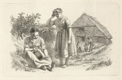 To kvinner og en mann med barn foran en låve Studietrykk / Etudes gravées (serietittel) av Jacob Ernst Marcus
