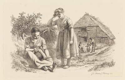 To kvinner og en mann med barn foran en låve Studietrykk / Etudes gravées (serietittel) av Jacob Ernst Marcus