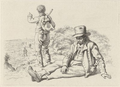 Sitter og en stående mann på en strand Studietrykk / Etudes gravées (serietittel) av Jacob Ernst Marcus