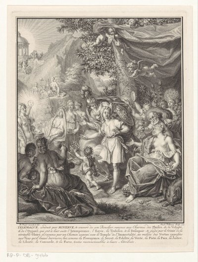 Allegorisk representasjon med Telemachus og Minerva Tittelside for: François de Fénelon, Les avantures de Telemaque, 1734 av Jacob Folkema