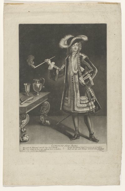 Portrett Kaptein Jan Bart, stående med pipe Kaptein Jan Bart (tittel på objekt) av Jacob Gole