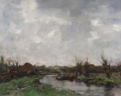Et elvelandskap med gårdshus, slutten av 1870-tallet av Jacob Henricus or Hendricus Maris