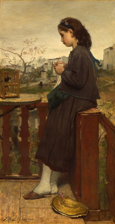 Jente som strikker på balkongen, Montmartre, 1869 av Jacob Henricus or Hendricus Maris
