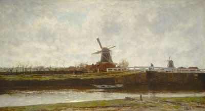 Utsikt over møllen og broen på Noordwest Buitensingel i Haag av Jacob Henricus or Hendricus Maris