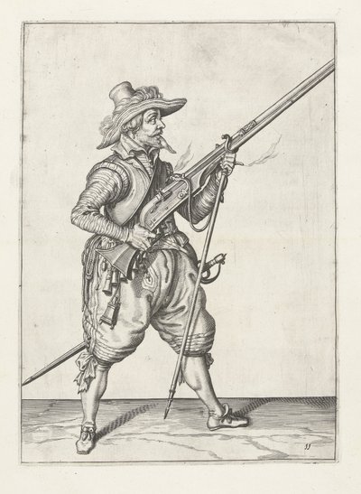 Musketer plasserer furketen sin under, ca. 1600 av Jacob II de Gheyn
