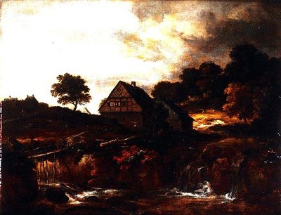 Skogkledd landskap med bonde på en bro over en torrent av Jacob I. van (follower of) Ruisdael