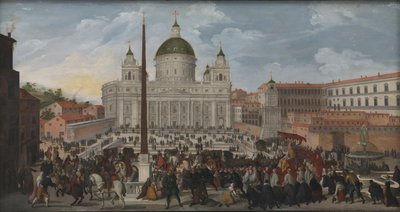 En pavelig prosesjon på Piazza San Pietro i Roma av Jacob Isaacsz. van Swanenburg