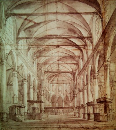 Innvendig utsikt over Oude Kerk (den gamle kirken) i Amsterdam (grafitt og indisk blekk på papir) av Jacob van Ruisdael