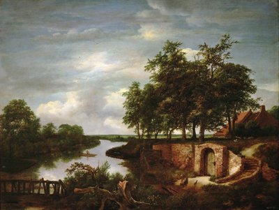 Elvelandskap med kjellerinngang - Jacob Isaacksz van Ruisdael (1628/29-1682). olje på tre av Jacob van Ruisdael