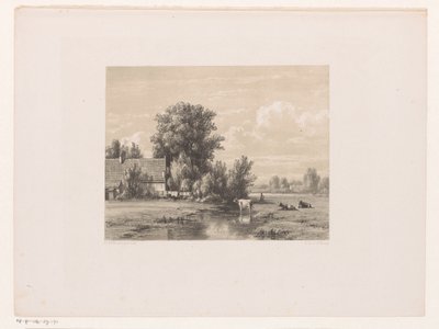 Landskap med gård og ku i vannet av Jacob Jan van der Maaten