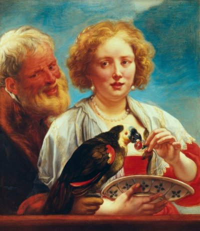 En ung kvinne med en gammel mann og en papegøye av Jacob Jordaens