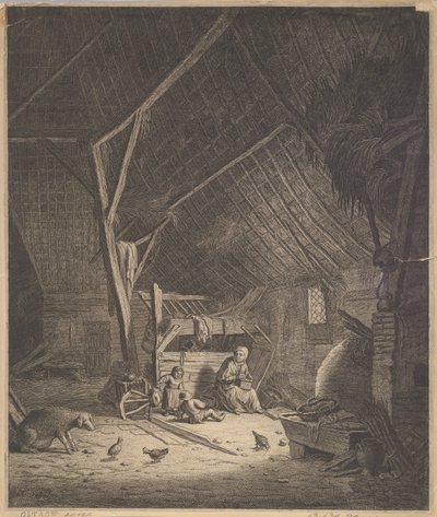 Interiør i en låve med mor og to barn, rett foran en grisekopi, 1600-tallet. av Jacob Louys
