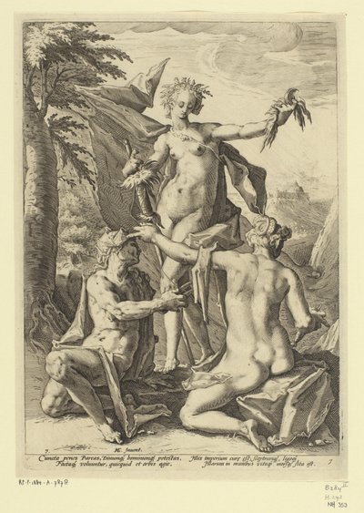 Tre skjebner Mytologiske og allegoriske representasjoner (serietittel) av Jacob Matham (attributed to)