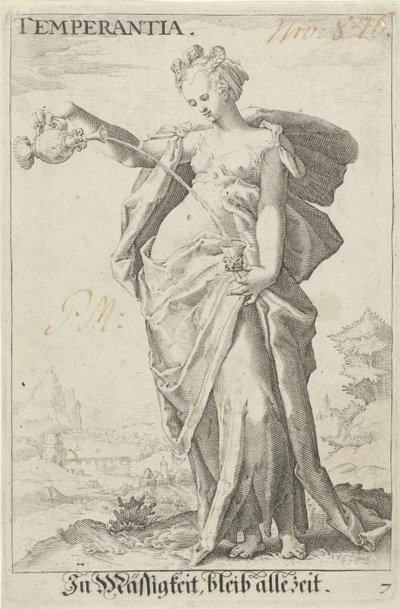 Matigheid (måtehold) Temperanse (tittel på objekt) av Jacob Matham (attributed to)