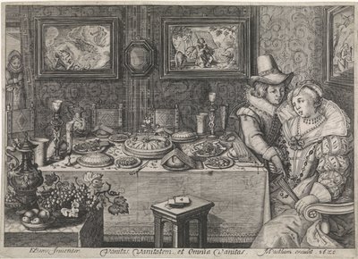 Ungt par sitter ved et overdådig lastet bord av Jacob Matham (workshop of)