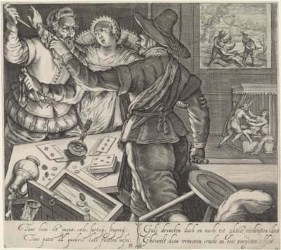 Kortspillere som kjemper med våpen som er trukket Slåss på et bordell The Effects of Drunkenness (serietittel) av Jacob Matham