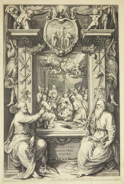 Tilbedelse av hyrdene med Peter og Paul i en allegorisk ramme av Jacob Matham