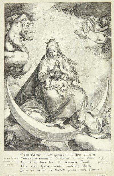 Jomfru Maria med Jesusbarnet på halvmånen, omgitt av engler av Jacob Matham