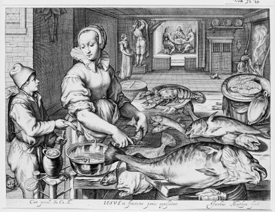Kjøkkenscene med en kjøkkenpike som tilbereder fisk, Kristus i Emmaus i bakgrunnen, fra Kjøkken- og markedsscener med bibelske scener i bakgrunnen av Jacob Matham