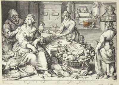 Kjøkkenscene med en kjøkkendame som plukker fjørfe av Jacob Matham