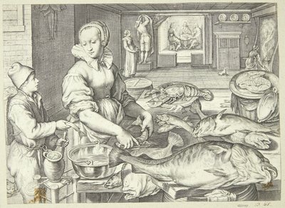 Kjøkkenscene med en kjøkkendame som vasker fisk av Jacob Matham