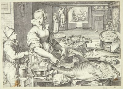 Kjøkkenscene med en kjøkkendame som vasker fisk av Jacob Matham