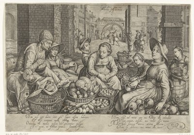 Markedsscene med lignelsen om arbeiderne i vingården i bakgrunnen, ca 1600 av Jacob Matham