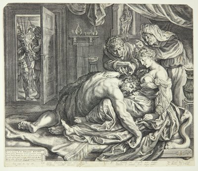 Samson sovende i Dalilas fang av Jacob Matham