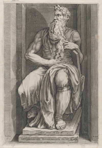 Mirror of Roman Magnificence: Moses etter skulpturen av Michelangelo, 1500-tallet..., 1500-tallet. av Jacob Matham