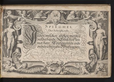 Titteltrykk med allegorisk kantramme og kalligrafert tittel Speil av skrivekunst, inden welcken ghesien mange slags skrifter med dets grunnlag og utdanning gis ut (...) Rotterdam. Anno 1605 (serietittel på objekt) av Jacob Matham