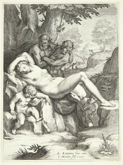 Venus og Amor sover og blir overvåket av satyrer av Jacob Matham