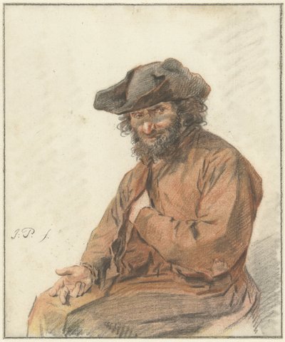 Sittende mann med langt krøllete hår og svart hatt av Jacob Perkois