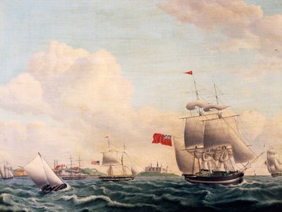 Skip som seiler gjennom Øresund mellom Sverige og Danmark med Kronborg slott i bakgrunnen av Jacob Petersen