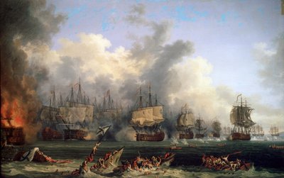 Senkingen av det russiske slagskipet St. Evstafius i sjøslaget ved Chesma, 1771. av Jacob Philipp Hackert