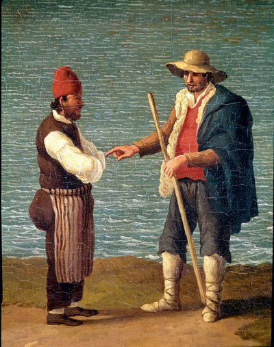 En hyrde og en kjøpmann i havnen i Monopoli, Puglia, Italia (gjeter og kjøpmann i Monopoli) Maleri av Jacob Philipp Hackert dit Hackert d
