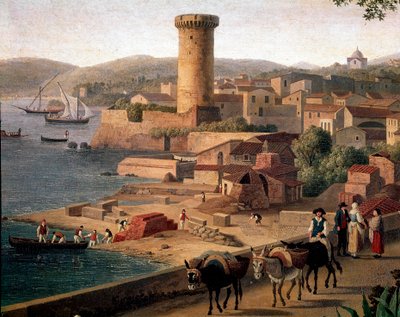 Landskap av Gaeta (Gaete) med mursteinfabrikk Detalj. Maleri av Jacob Philipp Hackert dit Hackert d