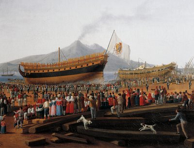 Lansering av skip i Castellammare di Stabia verft (olje på lerret) av Jacob Philippe Hackert