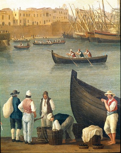 Blåskjellfiskere fra Monopoli, Puglia, Italia (muslingfiskere i Monopoli) Maleri av Jacob Philipp Hackert dit Hackert d