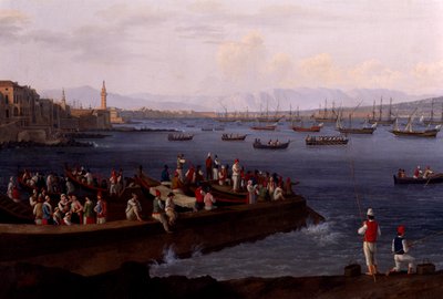 Napolibukten nær Santa Lucia som viser marineflåtene på vei tilbake fra Alger av Jacob Philippe Hackert