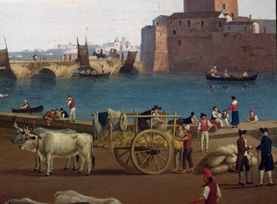 Utsikt over havnen i Taranto (Taranto) i Italia på 1700-tallet Havnearbeidere i havnen som losser godset, vogn trukket av okser - Maleri av Jacob Philipp Hackert dit Hackert d'Italie (1737-1807) av Jacob Philippe Hackert