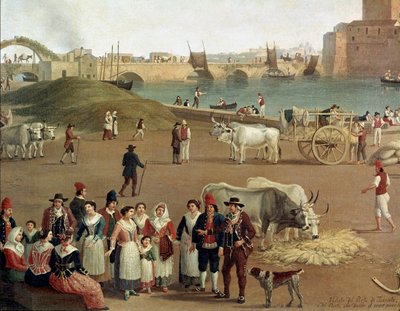 Utsikt over Taranto havn, detaljer om kommersielle aktiviteter, arbeidere og mennesker i tradisjonell kjole (maleri av Jacob Philippe Hackert