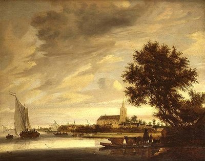 Et elvelandskap med en ferge i forgrunnen av Jacob Salomonsz. (circle of) Ruysdael