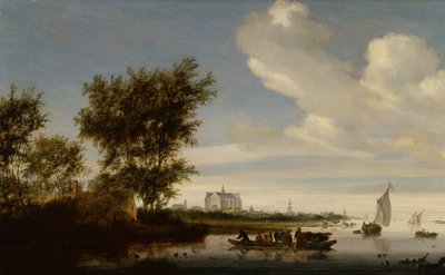 En fjern utsikt over Alkmaar med bønder og storfe på en ferge av Jacob Salomonsz. Ruysdael