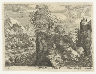 Landskap med reisende på en bratt stein Seks landskap med reisende (serietittel) av Jacob Savery (I)