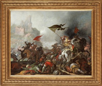 Kamp mellom tyrkere og kristne under erobringen av Konstantinopel av den osmanske hæren i 1453 - Maleri av Jacob Matthias Weyer (1620-1670), olje på tre (39x49 cm) - Den tyrkiske krigen, Olje på tre av Jacob Matthias Weyer - Privat samling av Jacob Weyer